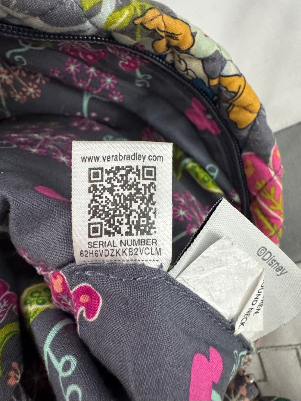 Vera Bradley Disney Quilted Crossbody in Gray with Pink & Yellow Floral Print